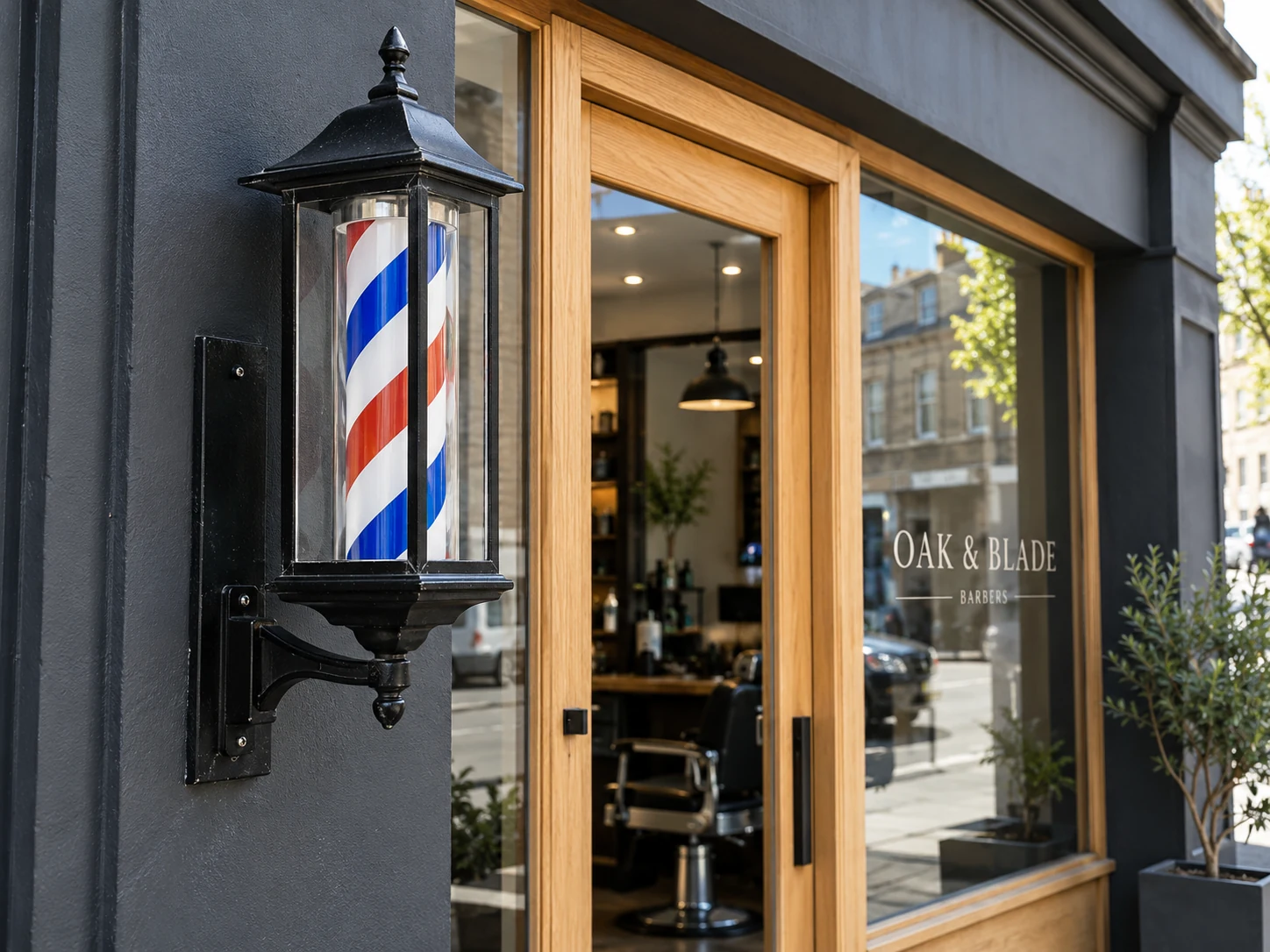 Lion Sign – Klassische schwarze Barbierlaterne mit geschütztem beleuchtetem Streifendisplay.