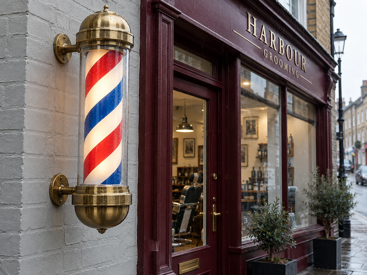 Lion Sign – Traditionelle beleuchtete Barbierstange mit Endkappen in Messingoptik für hochwertige Barbershops.