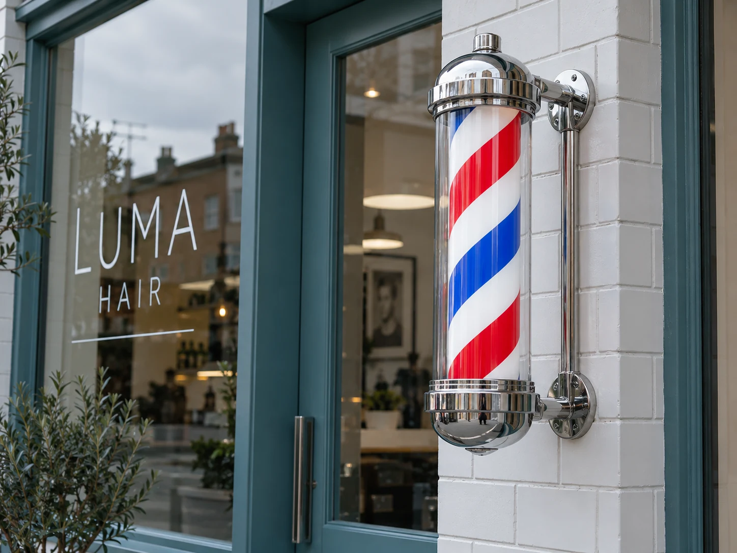 Lion Sign – Kompakte drehbare Barbierstange in Chromoptik für stilvolle Salon-Außenwerbung.
