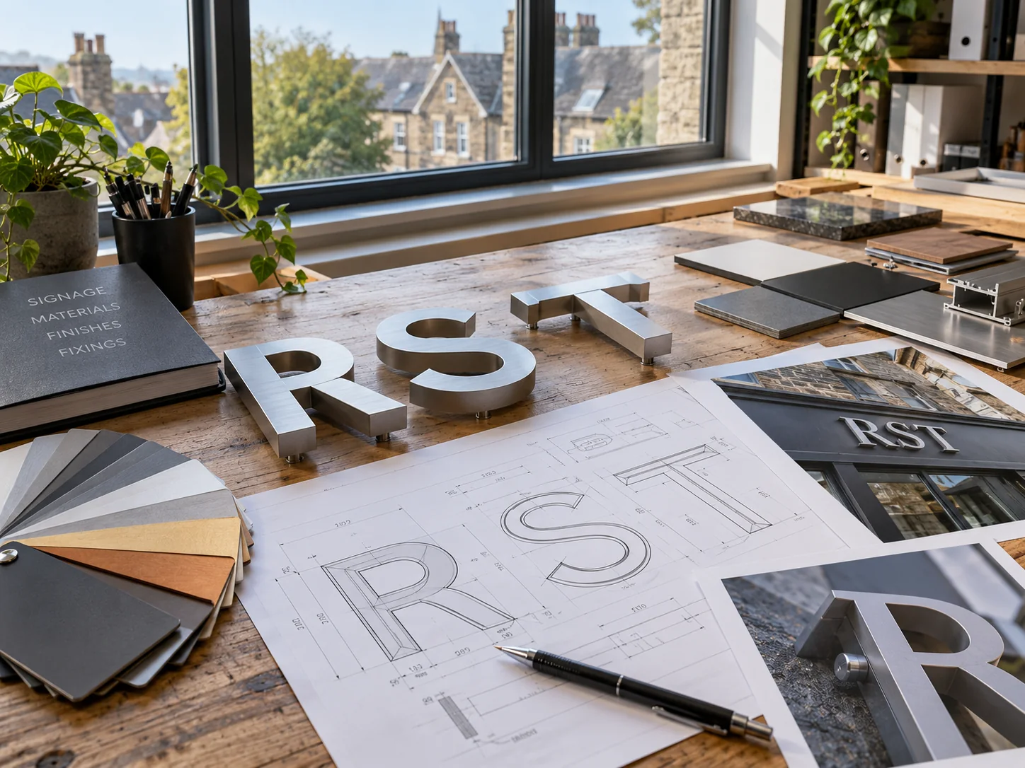 Lion Sign – Schilderplanung mit Materialmustern, Profilbuchstaben und technischen Spezifikationen.