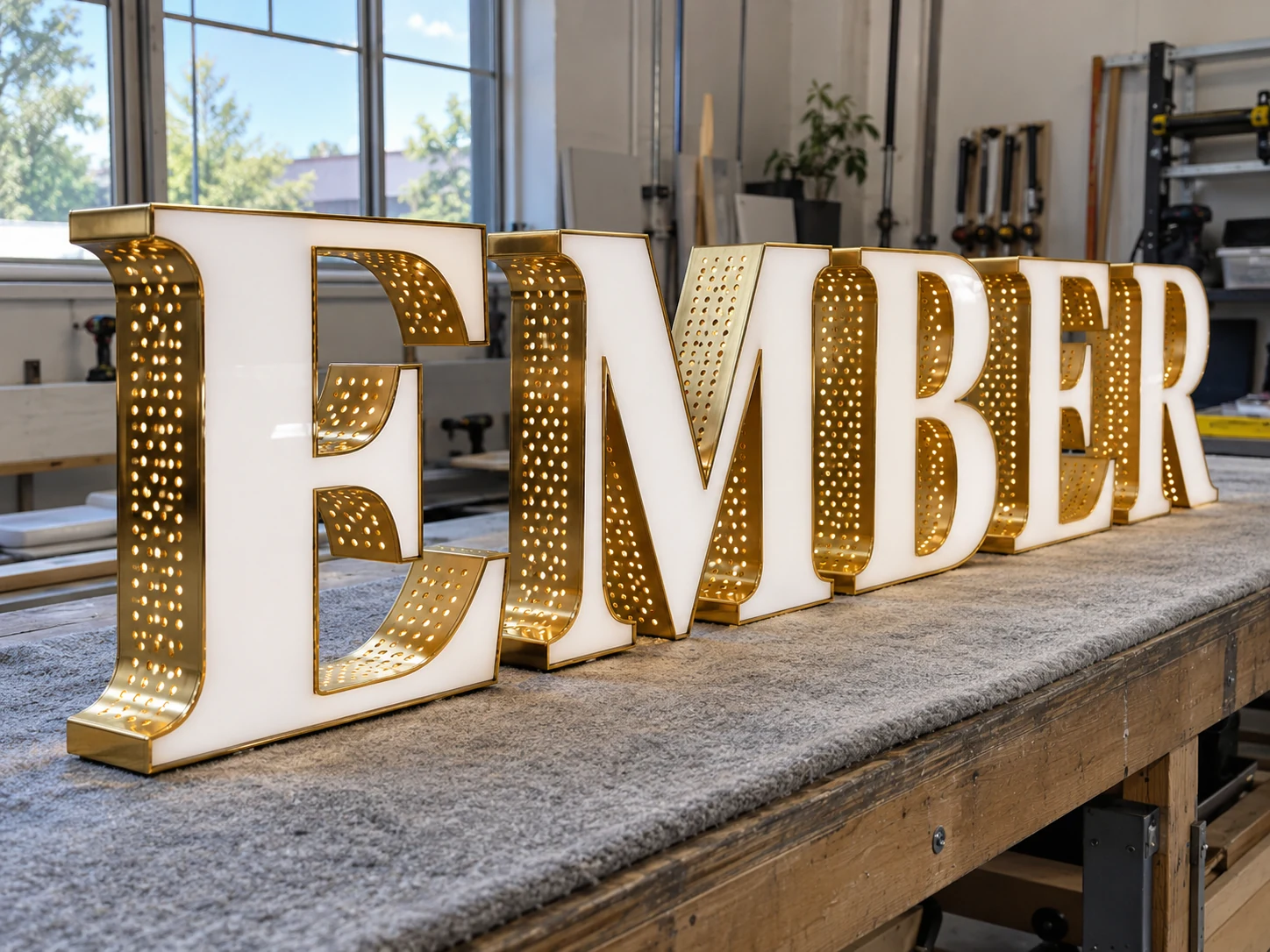 Lion Sign – Perforierte Profilbuchstaben aus Metall in Goldoptik mit beleuchteten weißen Acrylfronten.