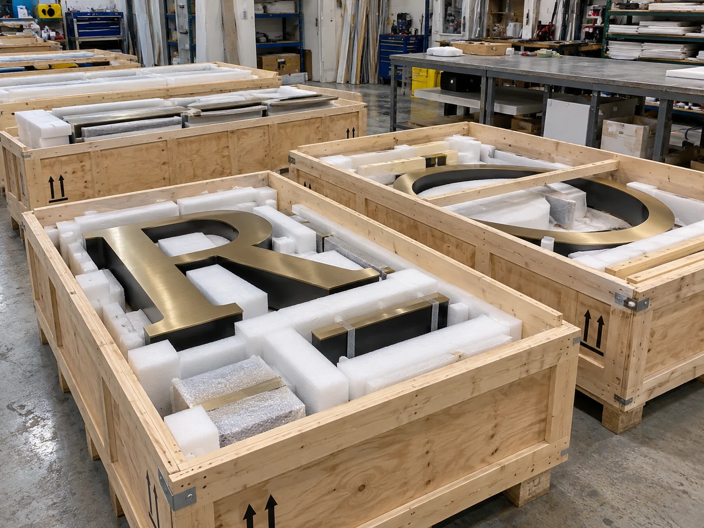 Lion Sign – Schutzschaum und Transportkisten aus Holz für den sicheren Versand individueller Schilderkomponenten.