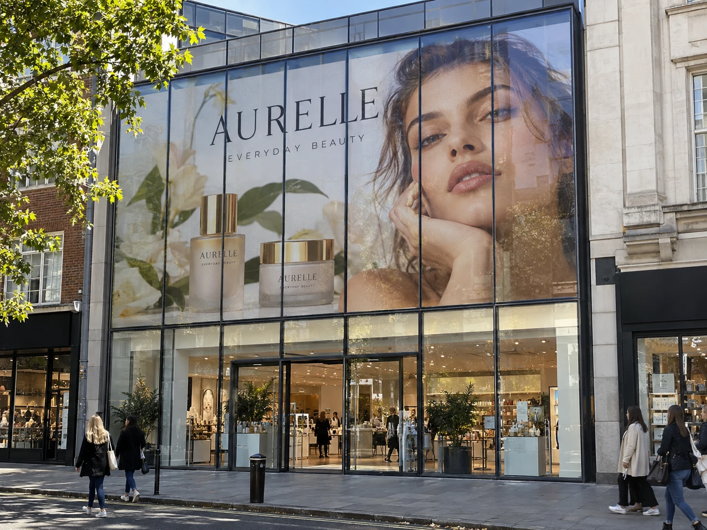 Lion Sign – Großformatig digital bedruckte Fensterfolie und individuelle Glasfassadenwerbung für Kosmetikstudios.