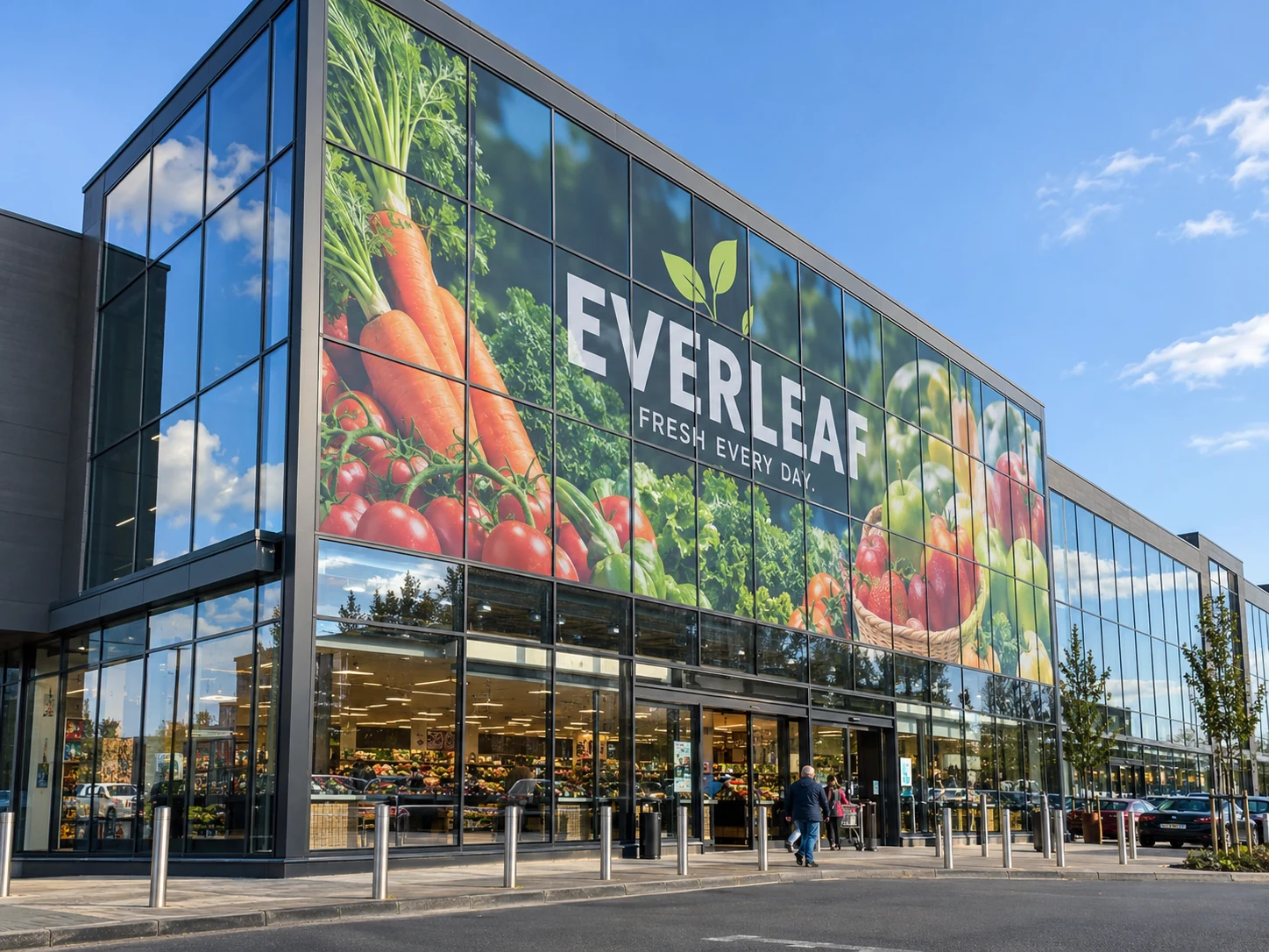 Lion Sign – Großformatig digital bedruckte Fensterfolie und individuelle Glasfassadenwerbung für Lebensmittelhandel.
