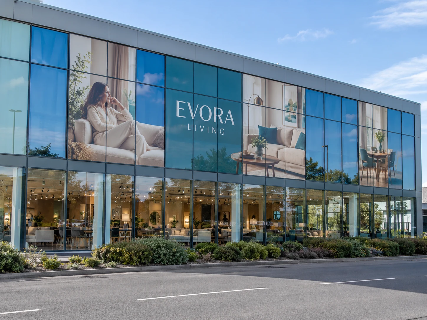 Lion Sign – Großformatig digital bedruckte Fensterfolie und individuelle Glasfassadenwerbung für Wohn- und Lifestylehandel.