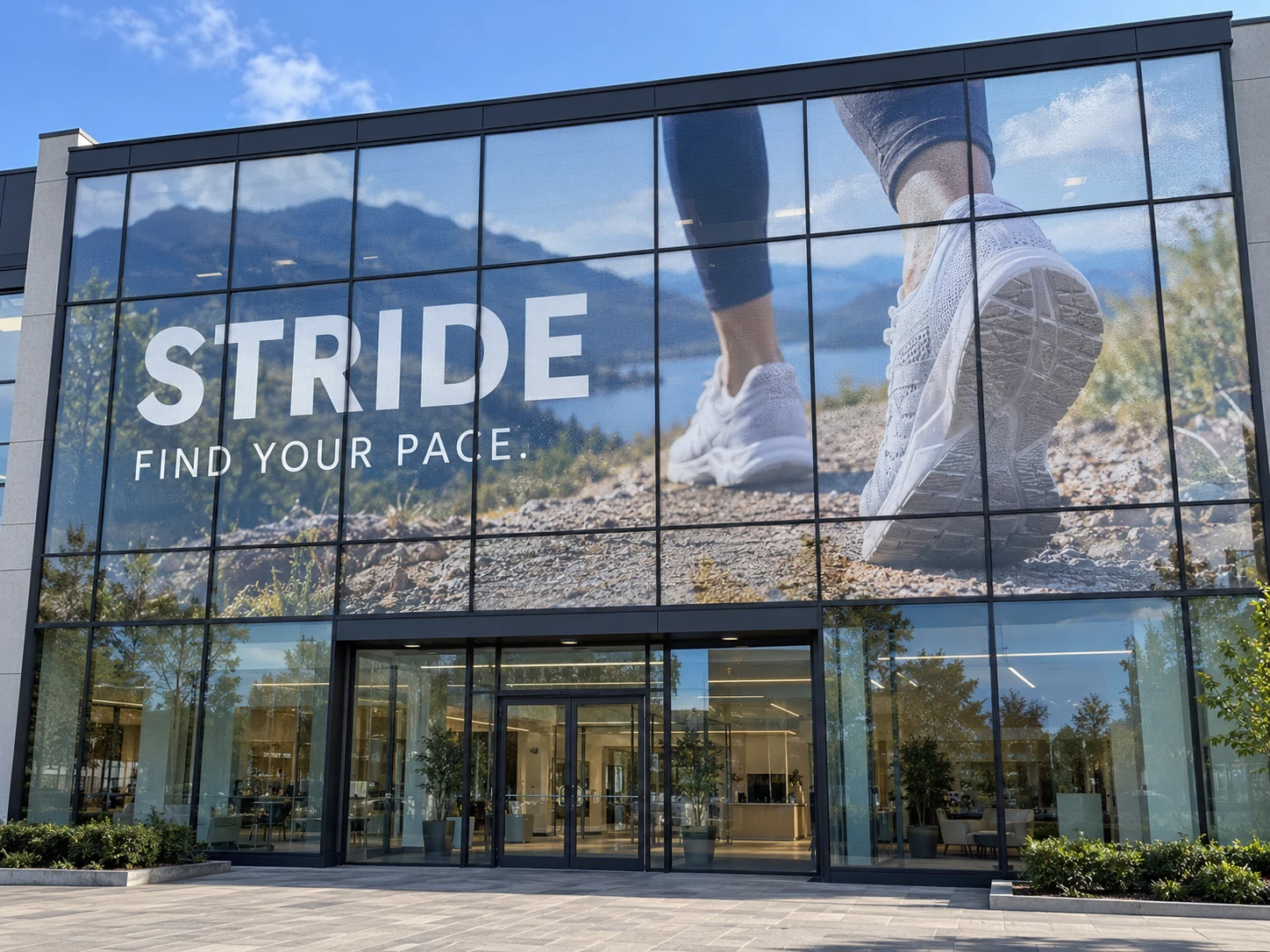 Lion Sign – Großformatig digital bedruckte Fensterfolie und individuelle Glasfassadenwerbung für Sportgeschäfte.