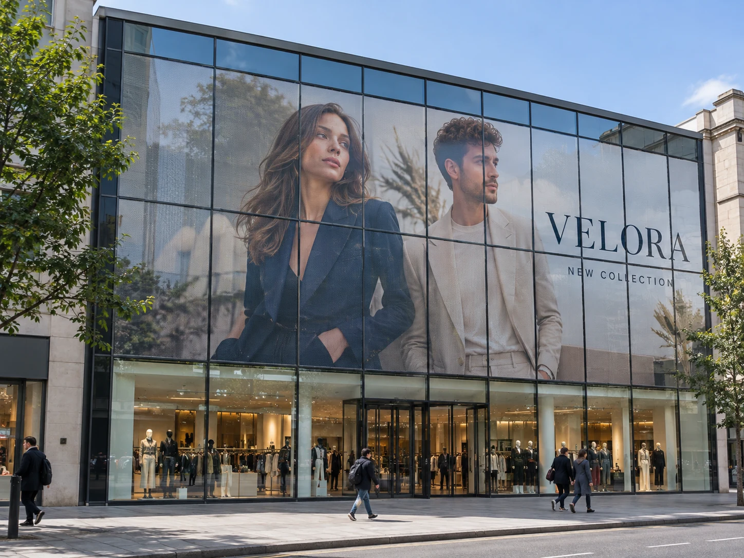 Lion Sign – Großformatig digital bedruckte Fensterfolie und individuelle Glasfassadenwerbung für Modegeschäfte.