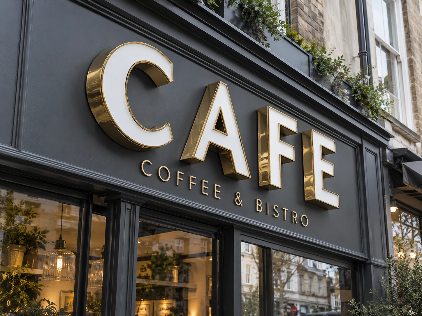 Lion Sign – Hochwertige 3D-Cafébuchstaben aus Edelstahl in Goldoptik mit weißen Acryl-Leuchtfronten.