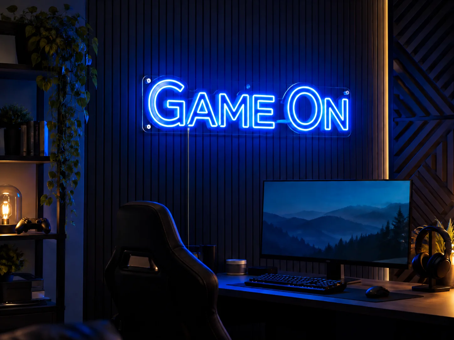 Lion Sign – Individueller LED-Neonschriftzug „Game On“ für Gamingräume und Freizeiteinrichtungen.