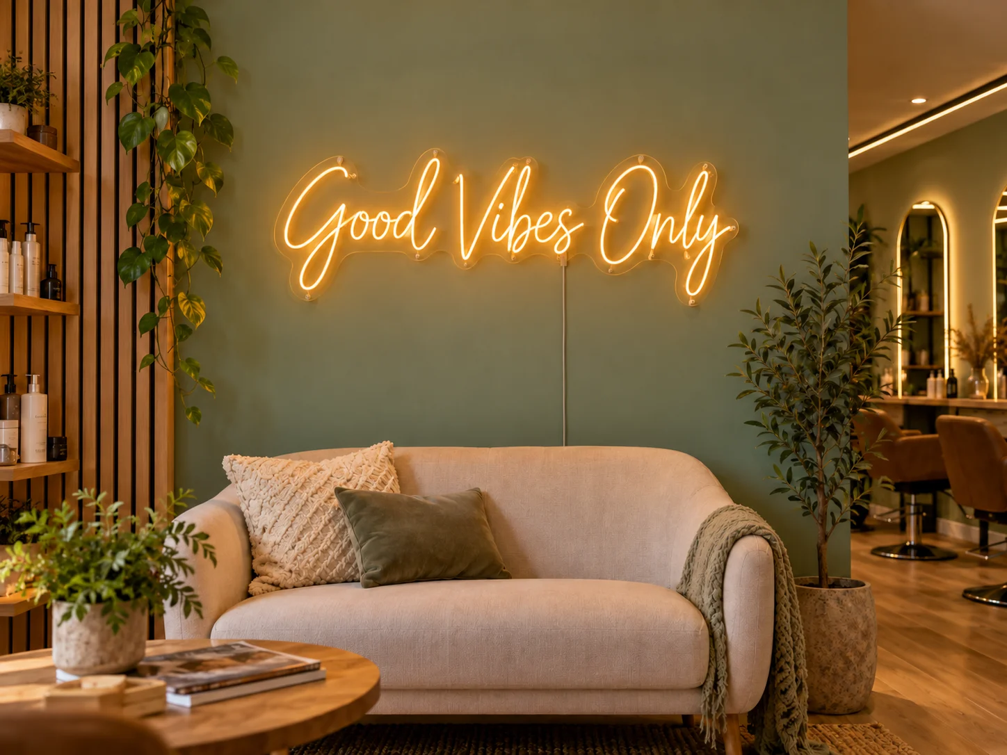 Lion Sign – Individueller LED-Neonschriftzug „Good Vibes Only“ für Friseursalons und Lifestylebereiche.