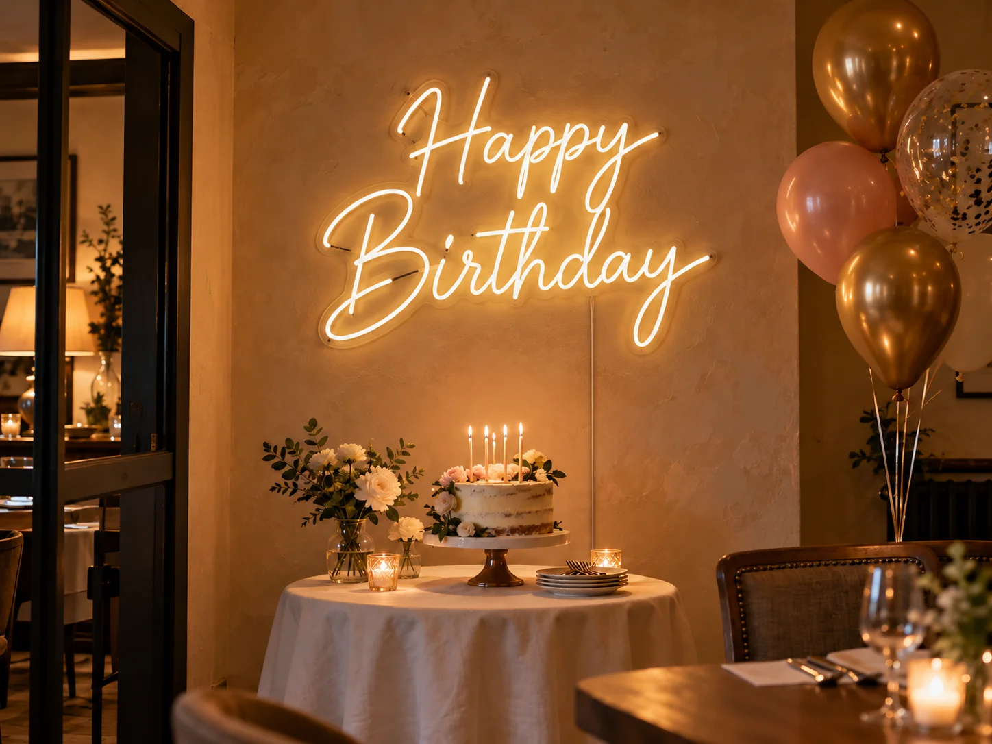 Lion Sign – Individueller LED-Neonschriftzug „Happy Birthday“ für Geburtstagsfeiern.