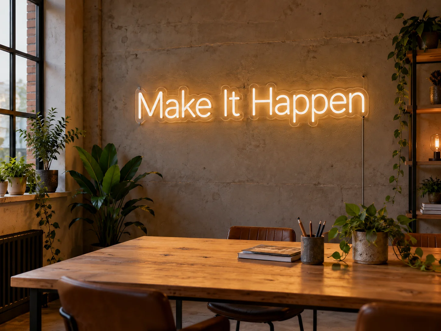 Lion Sign – Individueller LED-Neonschriftzug „Make It Happen“ für Kreativbüros und Arbeitsräume.