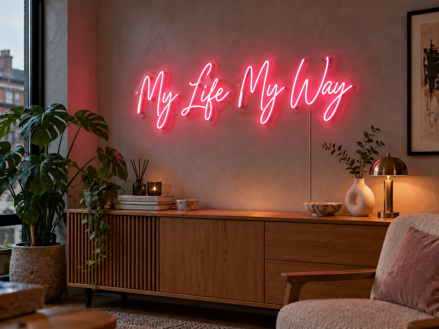 Lion Sign – Individueller LED-Neonschriftzug „My Life My Way“ für Moderne Wohn- und Privaträume.