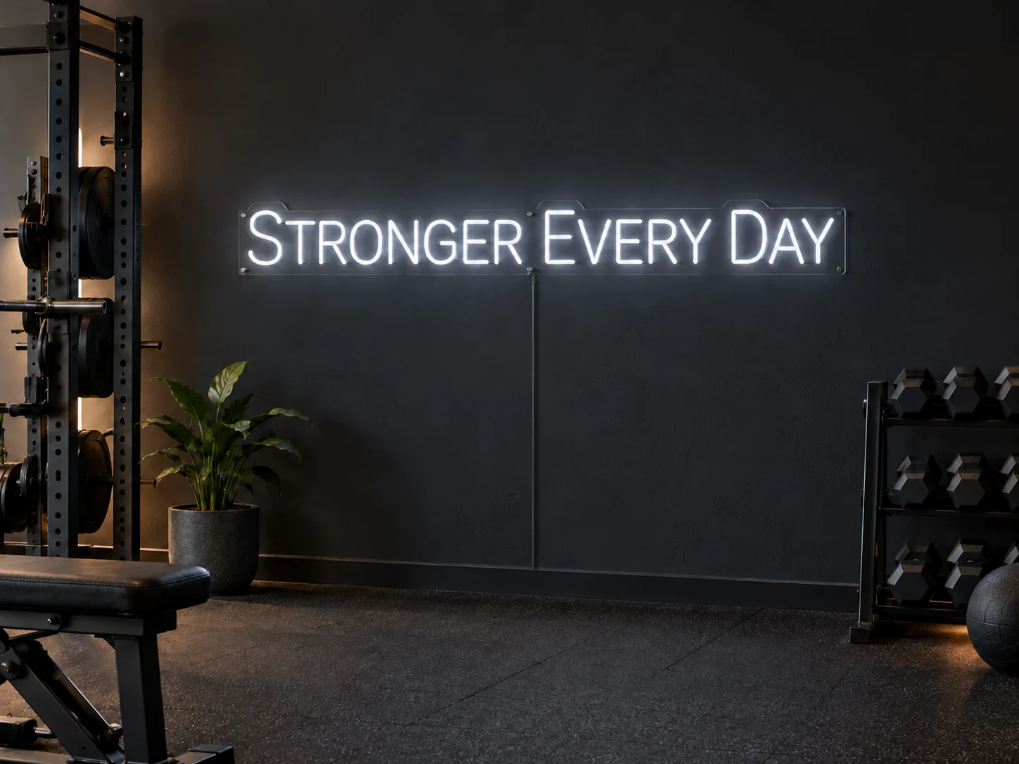 Lion Sign – Individueller LED-Neonschriftzug „Stronger Every Day“ für Fitnessstudios.