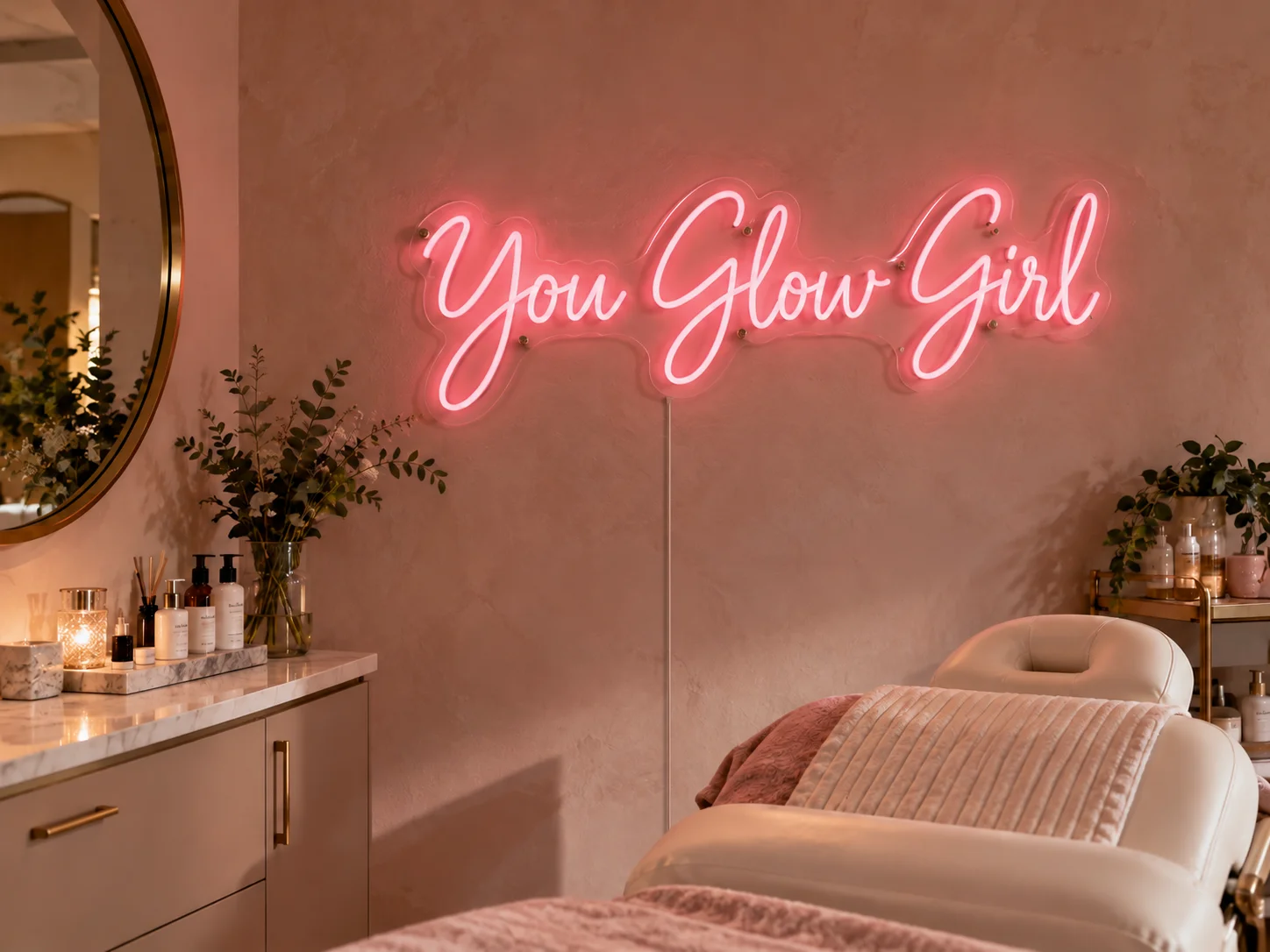 Lion Sign – Individueller LED-Neonschriftzug „You Glow Girl“ für Kosmetik- und Beautystudios.