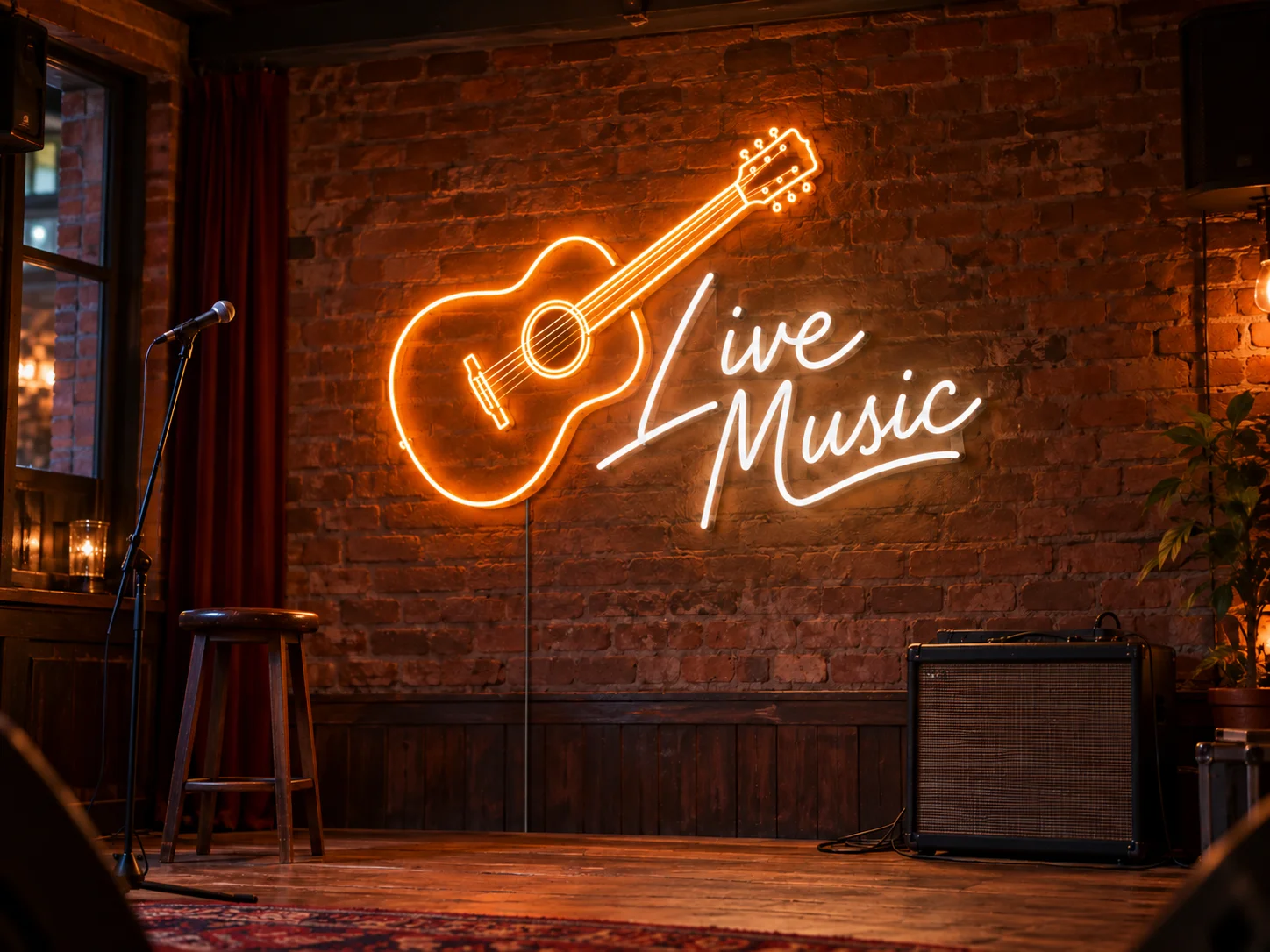 Lion Sign – Individuelles LED-Neonschild mit Gitarrenmotiv mit Live-Music-Schriftzug für Musiklokale und Veranstaltungsräume.