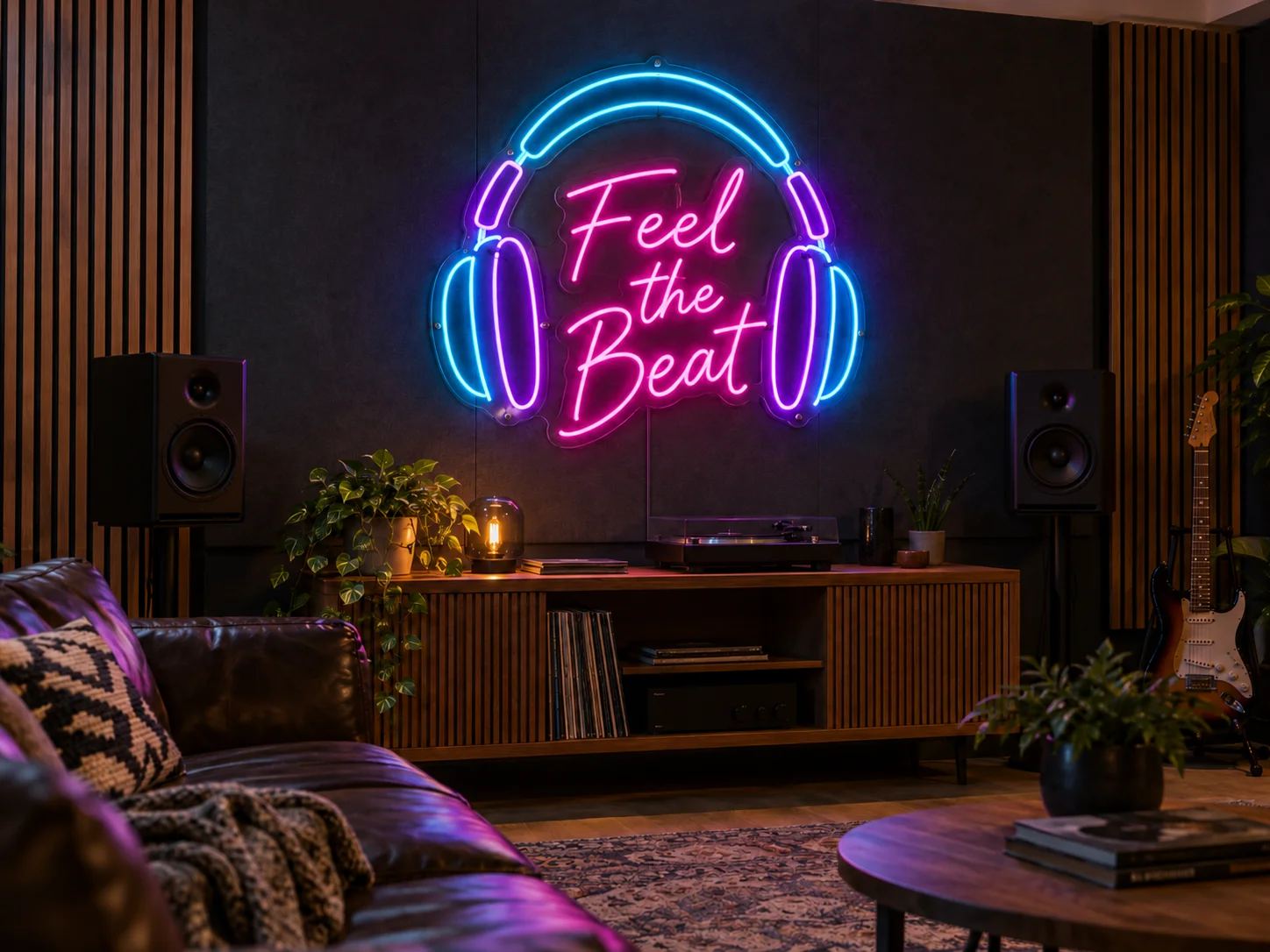 Lion Sign – Individuelles LED-Neonschild mit Kopfhörermotiv mit Feel-the-Beat-Schriftzug für Musiklokale und Veranstaltungsräume.