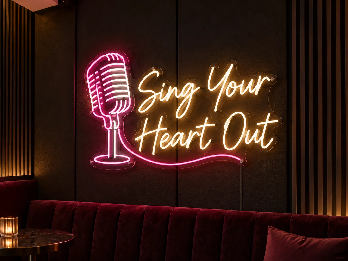 Lion Sign – Individuelles LED-Neonschild mit Mikrofonmotiv mit Sing-Your-Heart-Out-Schriftzug für Musiklokale und Veranstaltungsräume.