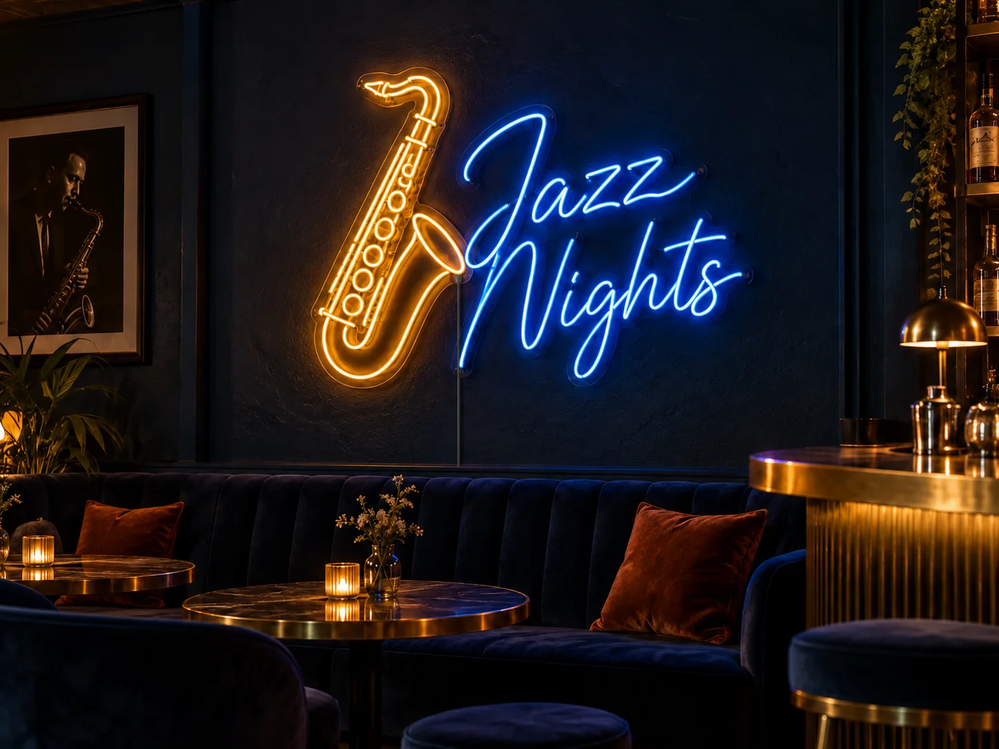 Lion Sign – Individuelles LED-Neonschild mit Saxofonmotiv mit Jazz-Nights-Schriftzug für Musiklokale und Veranstaltungsräume.