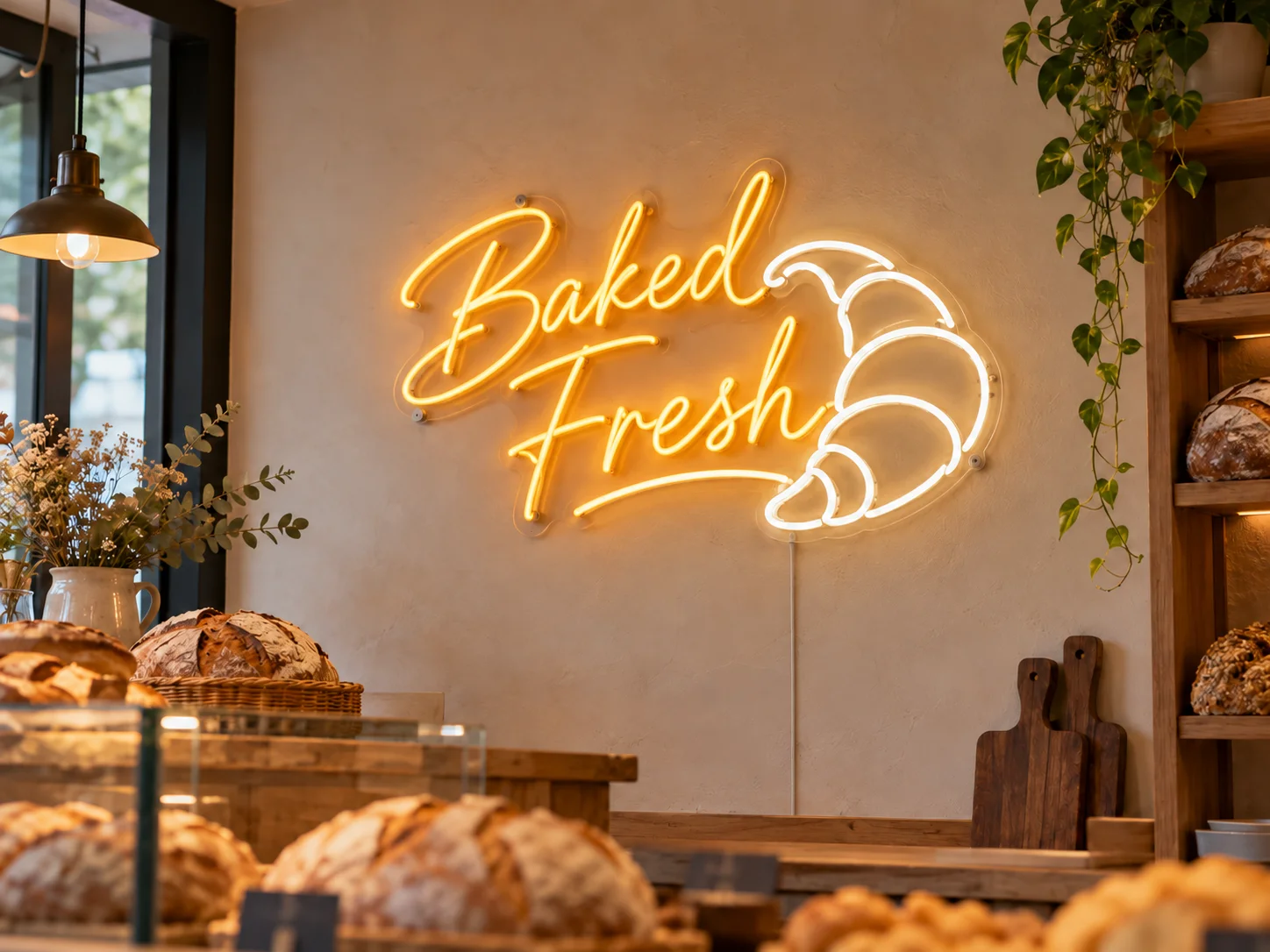 Lion Sign – Individuelle LED-Neon-Ladenwerbung „Baked Fresh“ für Bäckereien.