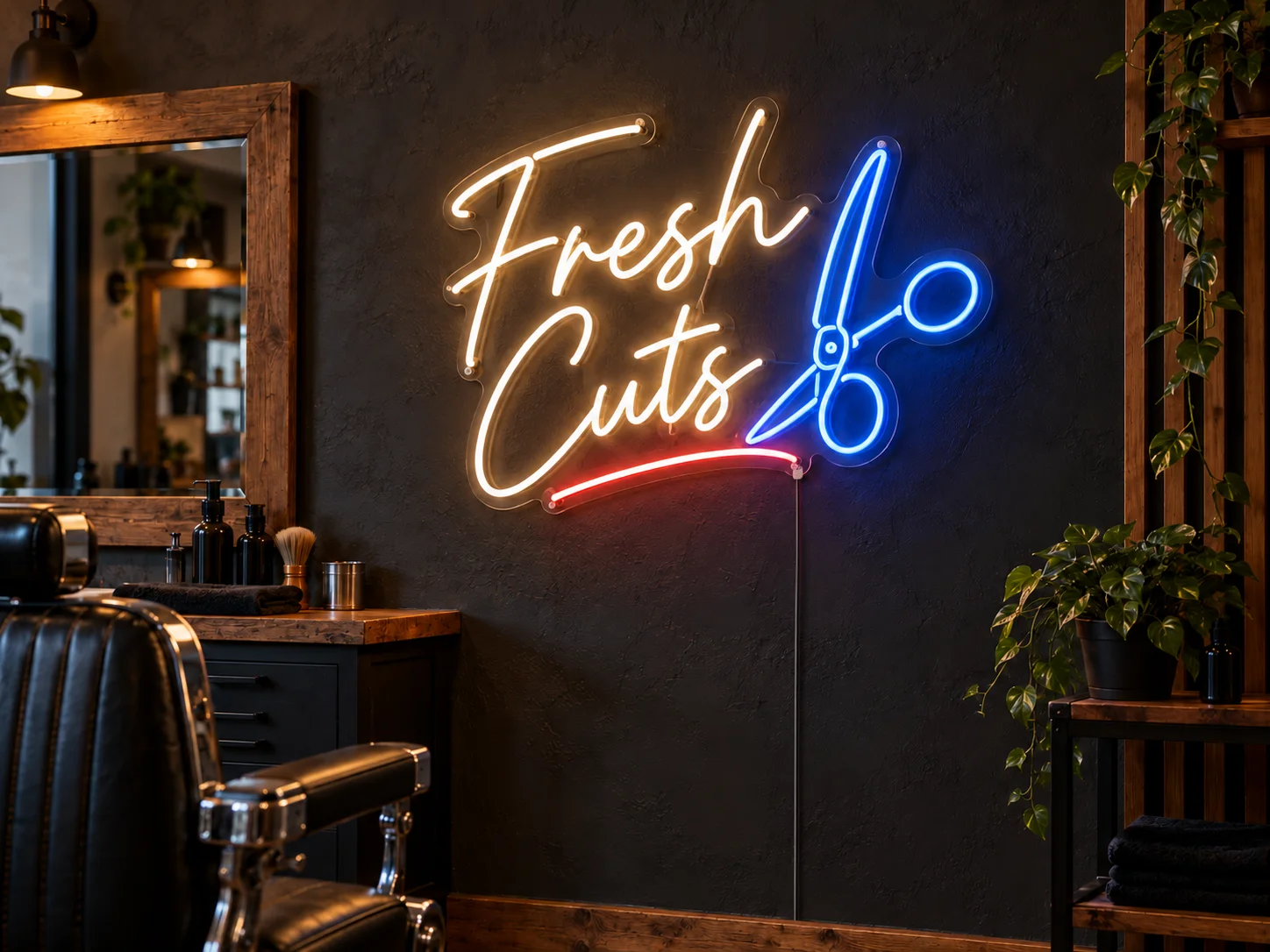 Lion Sign – Individuelle LED-Neon-Ladenwerbung „Fresh Cuts“ für Barbershops.