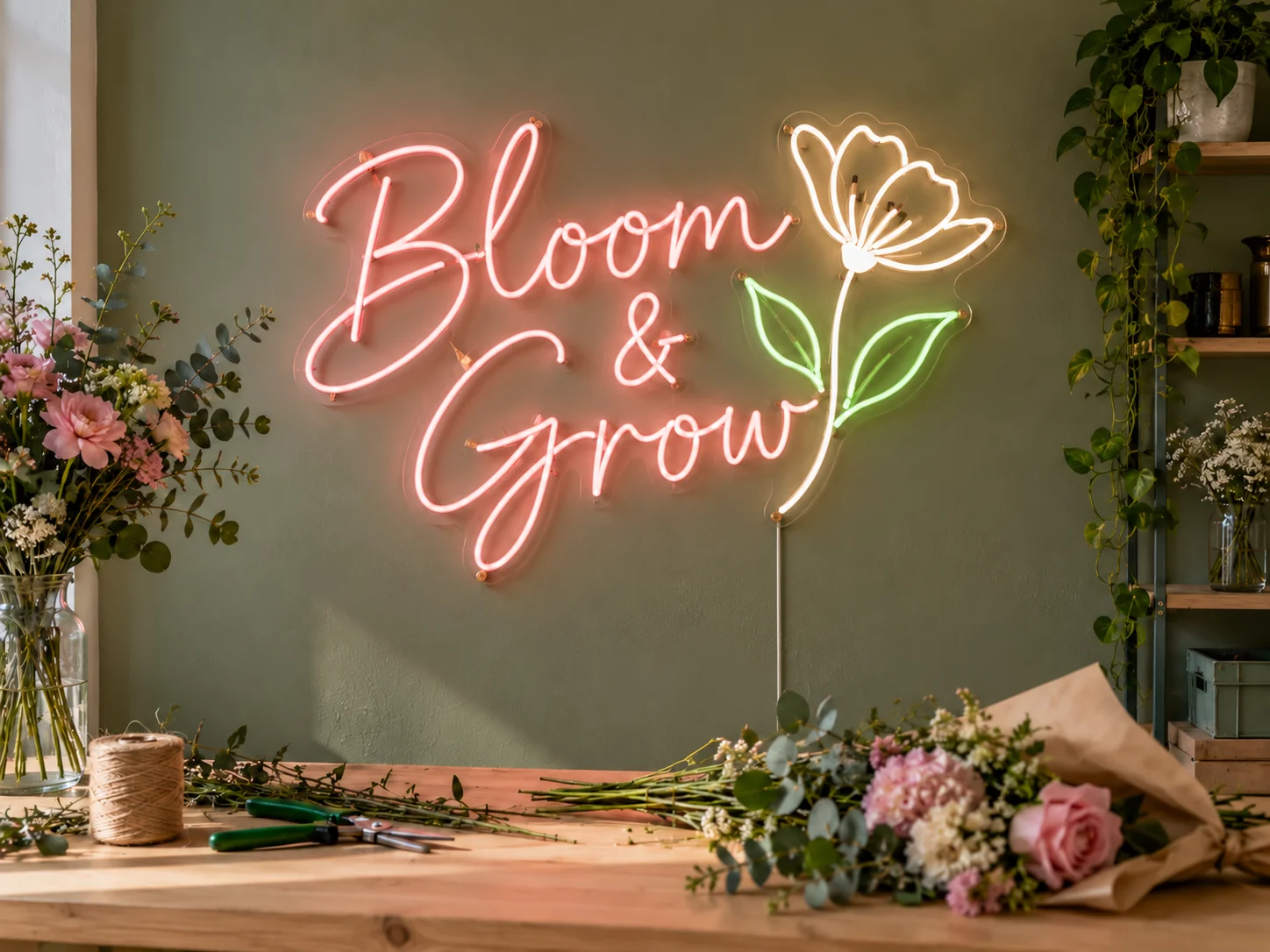Lion Sign – Individuelle LED-Neon-Ladenwerbung „Bloom Grow“ für Blumengeschäfte.