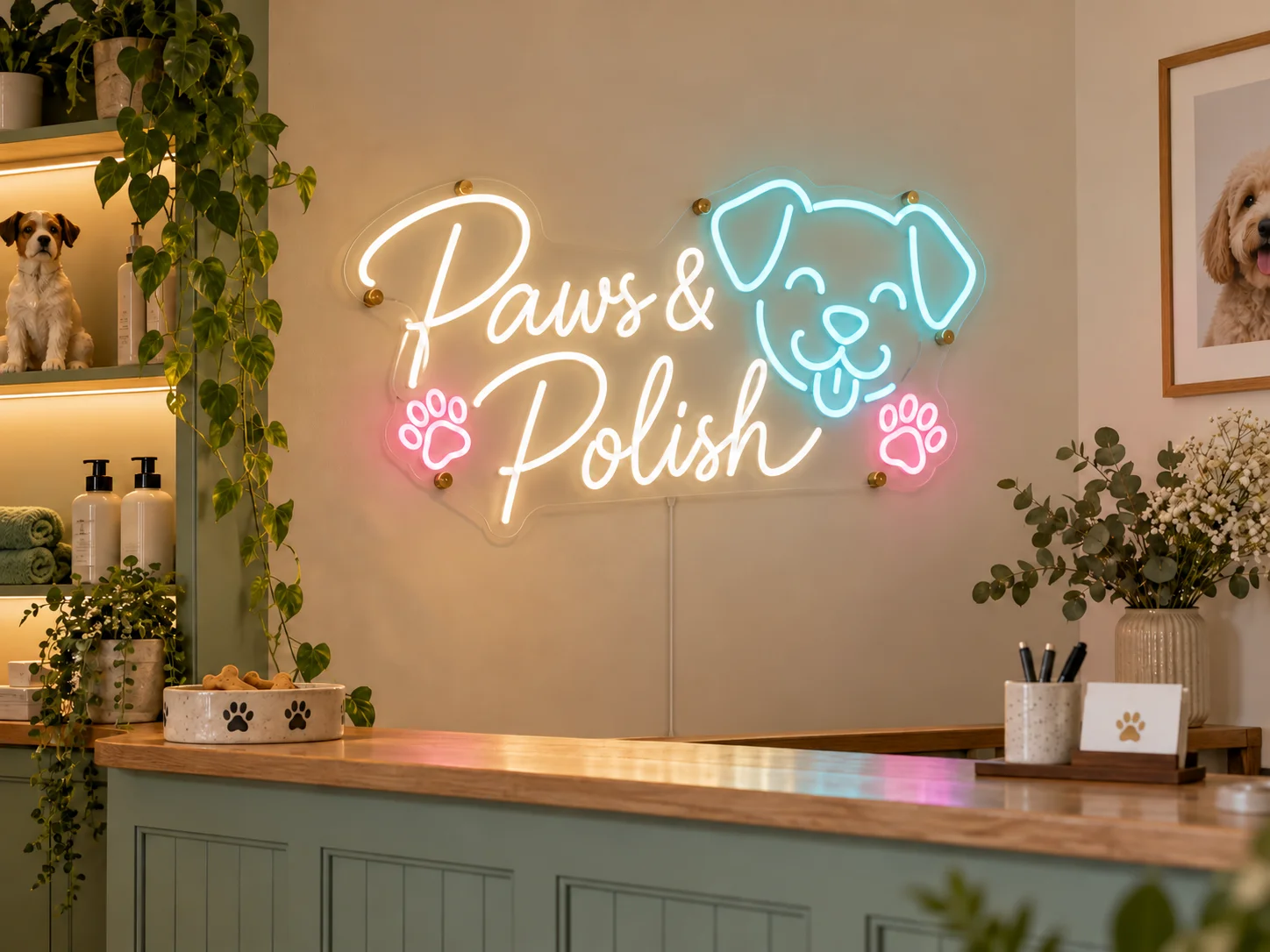 Lion Sign – Individuelle LED-Neon-Ladenwerbung „Grooming Paws Polish“ für Hundesalons.