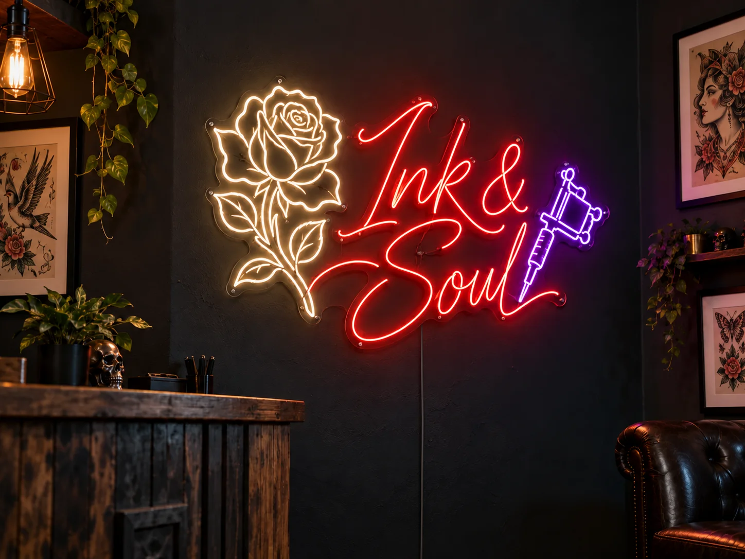 Lion Sign – Individuelle LED-Neon-Ladenwerbung „Ink Soul“ für Tattoo-Studios.