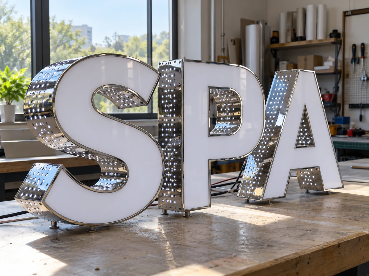 Lion Sign – Dreidimensionale Acrylbuchstaben mit perforierten Metallzargen in Chromoptik und präzisen Kanten.