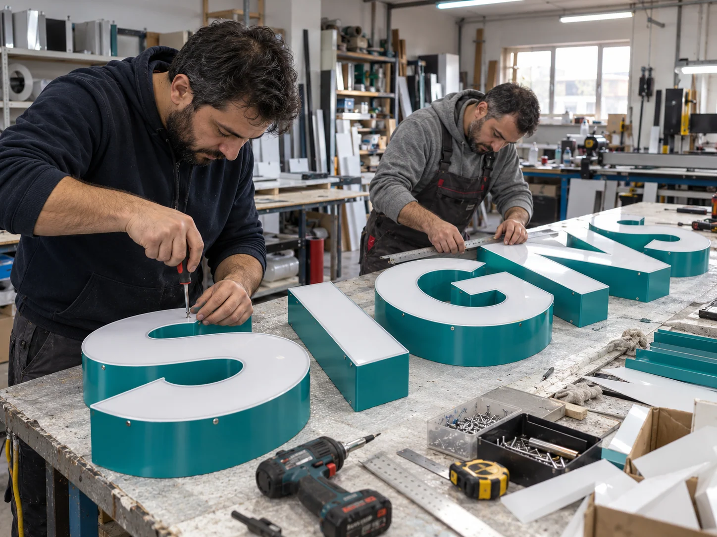 Lion Sign – Präzise Montage dreidimensionaler Metall-Profilbuchstaben mit Acrylfronten für Leuchtreklame.