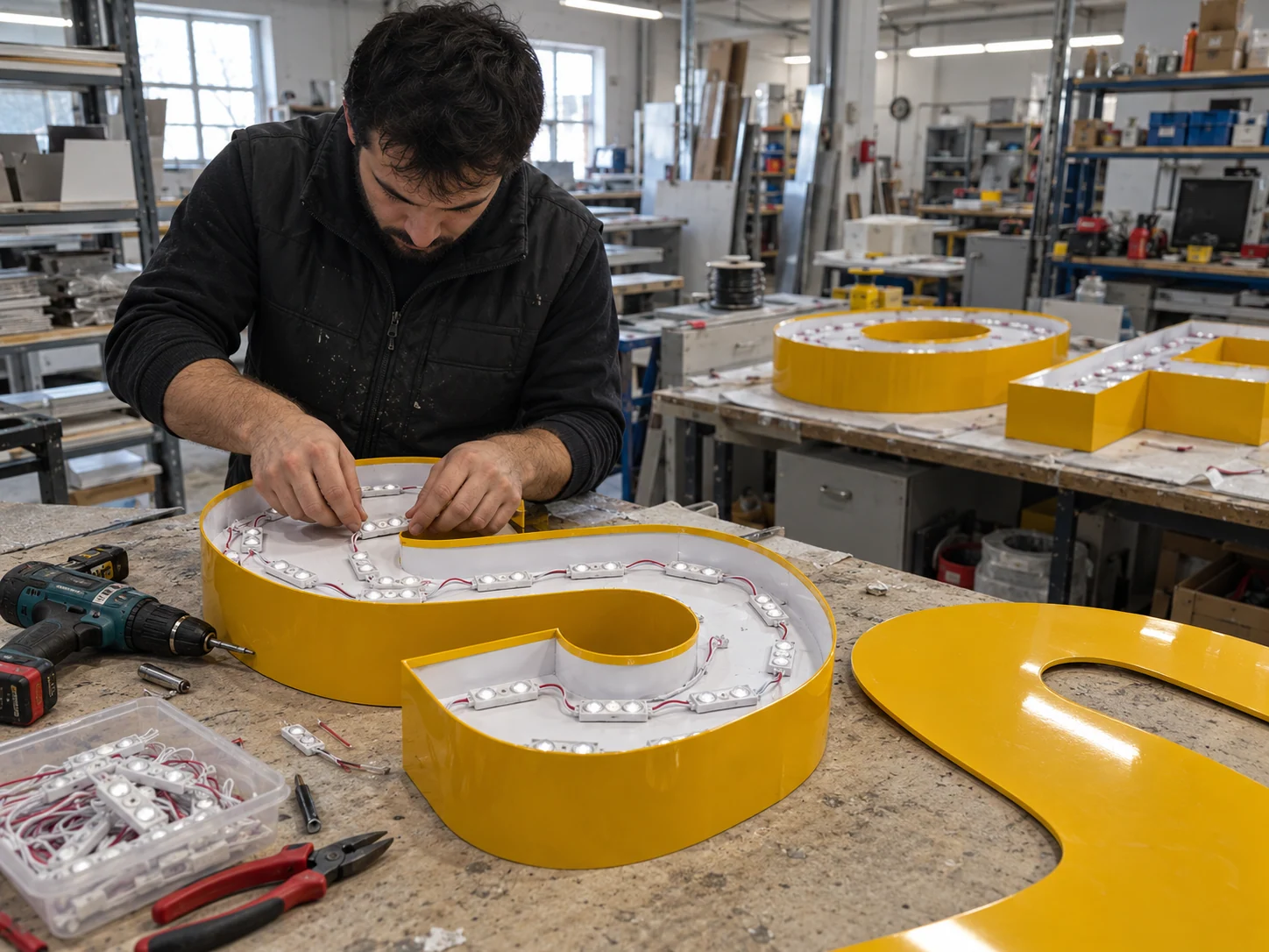 Lion Sign – Integrierte LED-Module und Niedervoltverkabelung für beleuchtete Profilbuchstaben.