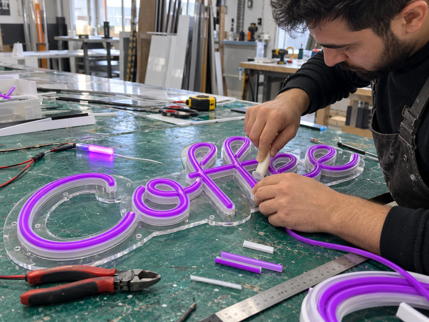 Lion Sign – Individuell geformtes LED-Neon-Flex auf passgenau gefräster Acryl-Trägerplatte.