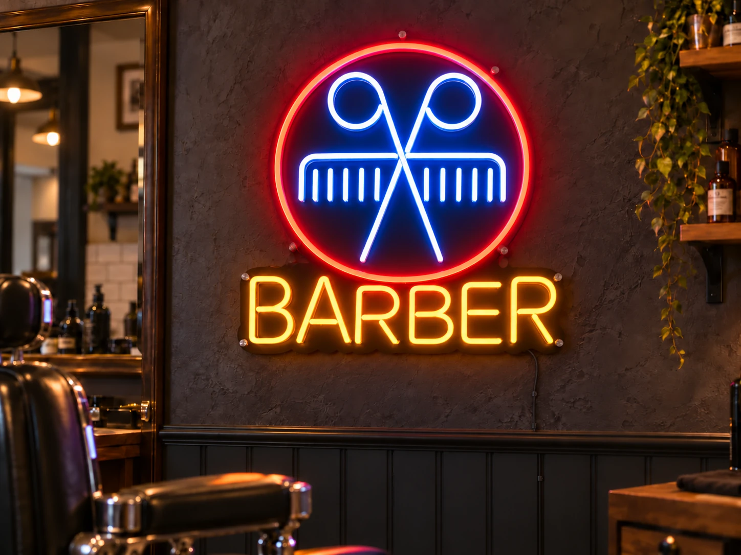 Lion Sign – Beleuchtetes LED-Neonschild für Barbershops mit Scheren- und Kamm-Motiv.