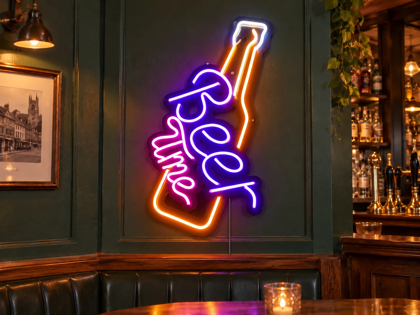 Lion Sign – Violett-goldenes LED-Neonschild mit Bierflaschenmotiv für Kneipen und Bars.