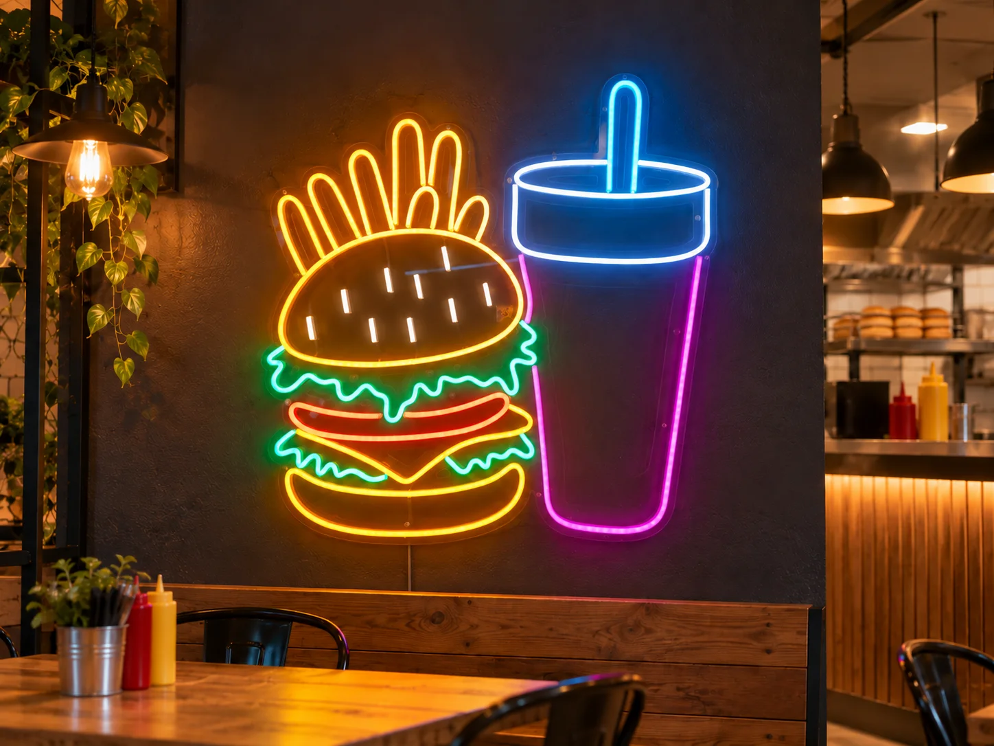 Lion Sign – Mehrfarbige LED-Neonwerbung mit Burger, Pommes und Getränk für Gastronomiebetriebe.
