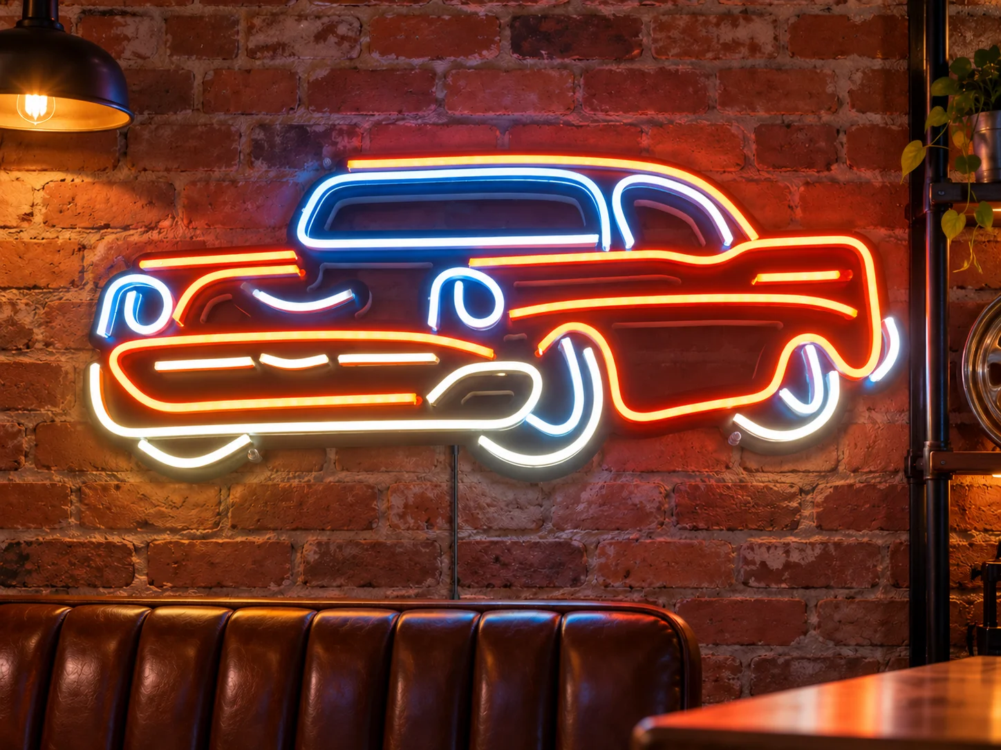 Lion Sign – Individuelle Retro-LED-Neon-Wanddekoration in Form eines Oldtimers in Orange und Weiß.