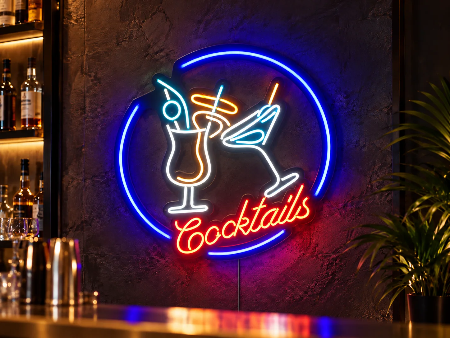Lion Sign – Rundes LED-Neonschild mit Cocktailmotiv in Blau und warmem Orange.