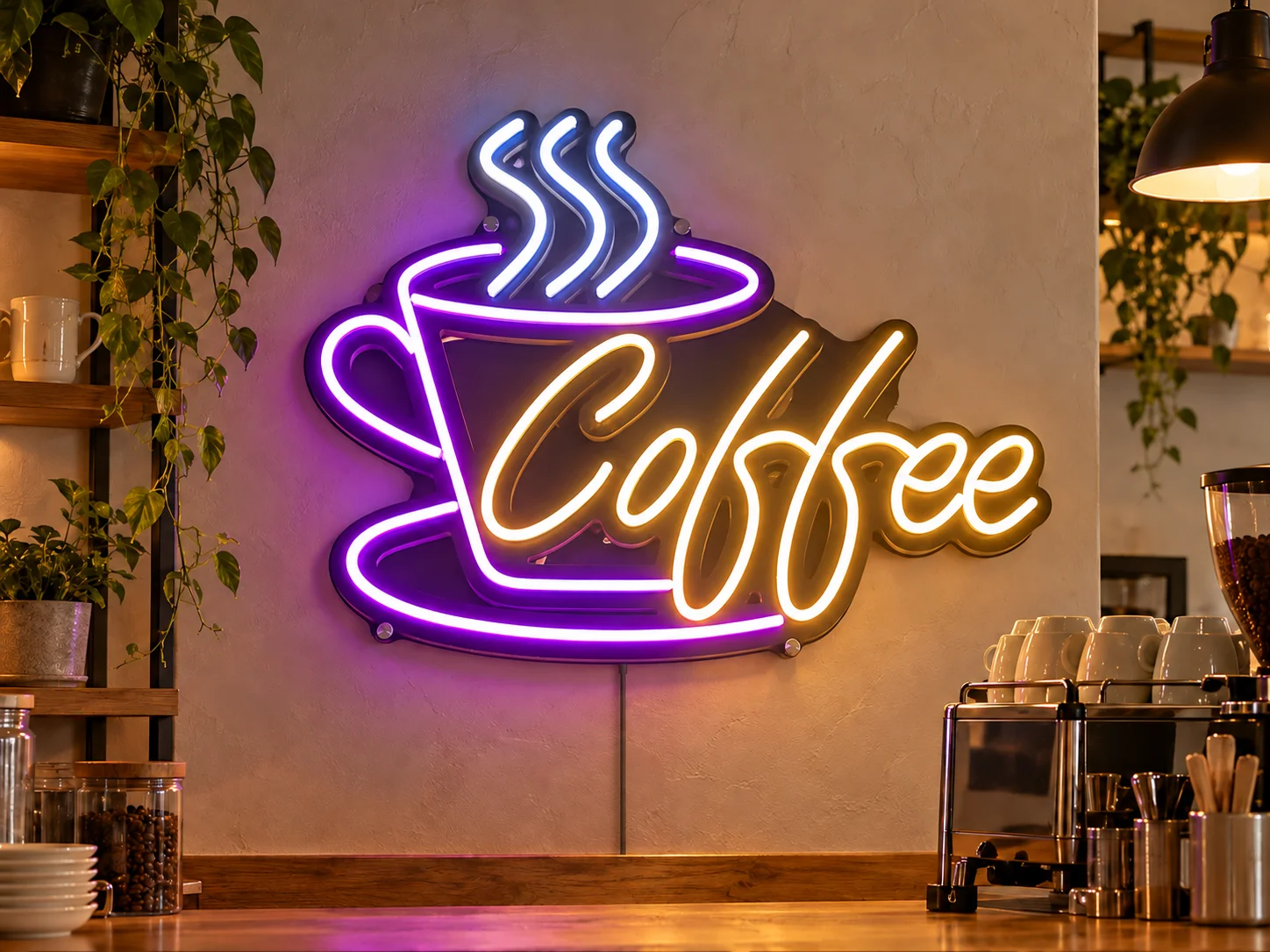 Lion Sign – Individuelles leuchtendes LED-Neonschild in Kaffeetassenform für Cafés und Gastronomie.