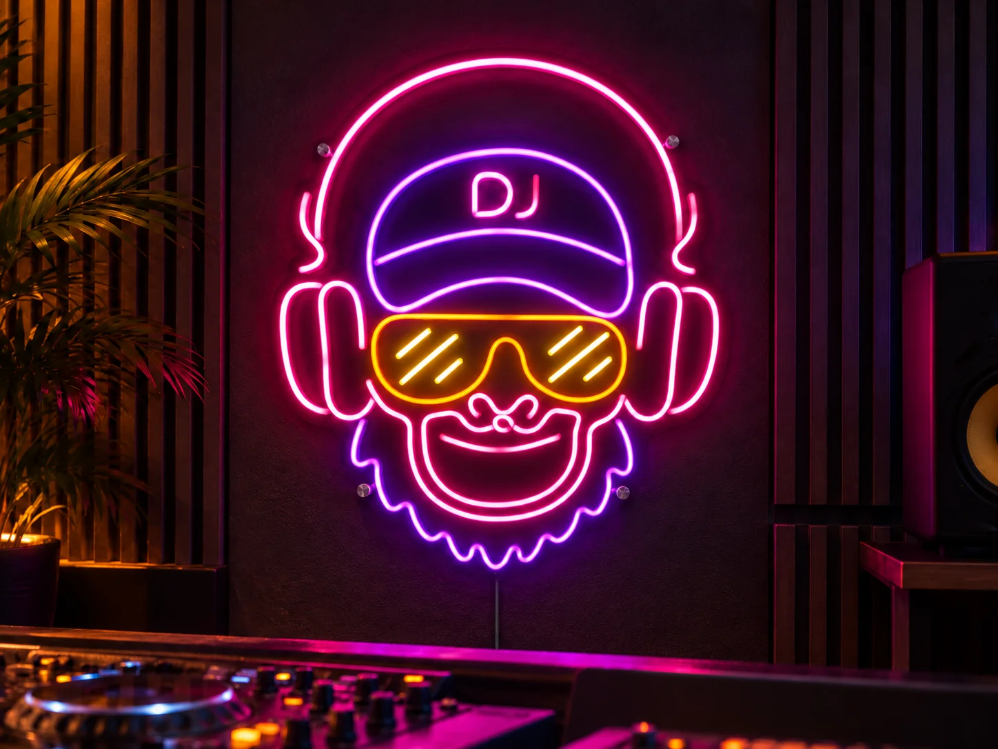 Lion Sign – Individuelles LED-Neon-DJ-Motiv mit mehrfarbigen Kopfhörern für Clubs und Events.