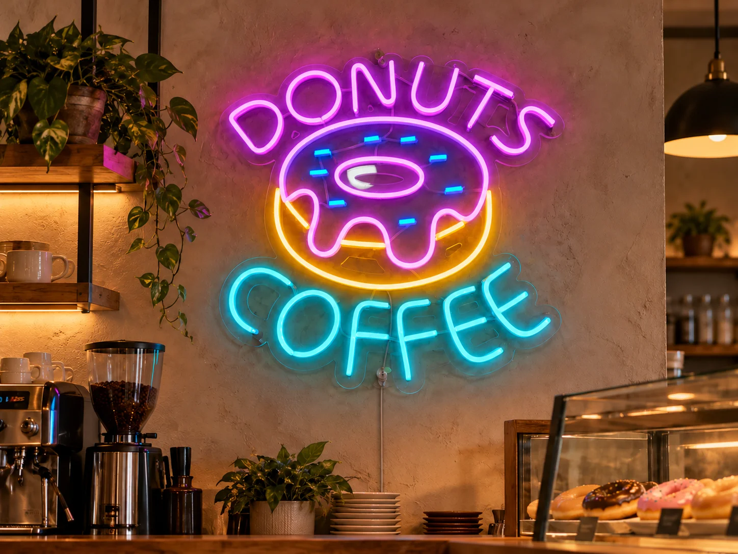 Lion Sign – Mehrfarbiges LED-Neonschild mit Donut und Kaffeetasse für Cafés.