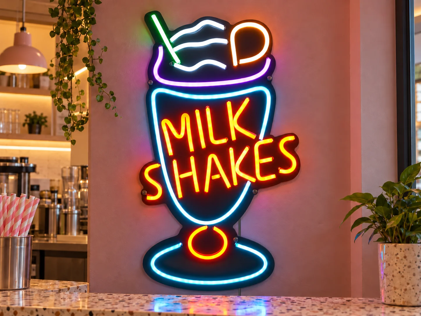 Lion Sign – Leuchtendes LED-Neonschild mit Milkshake-Motiv für Cafés und Dessertshops.