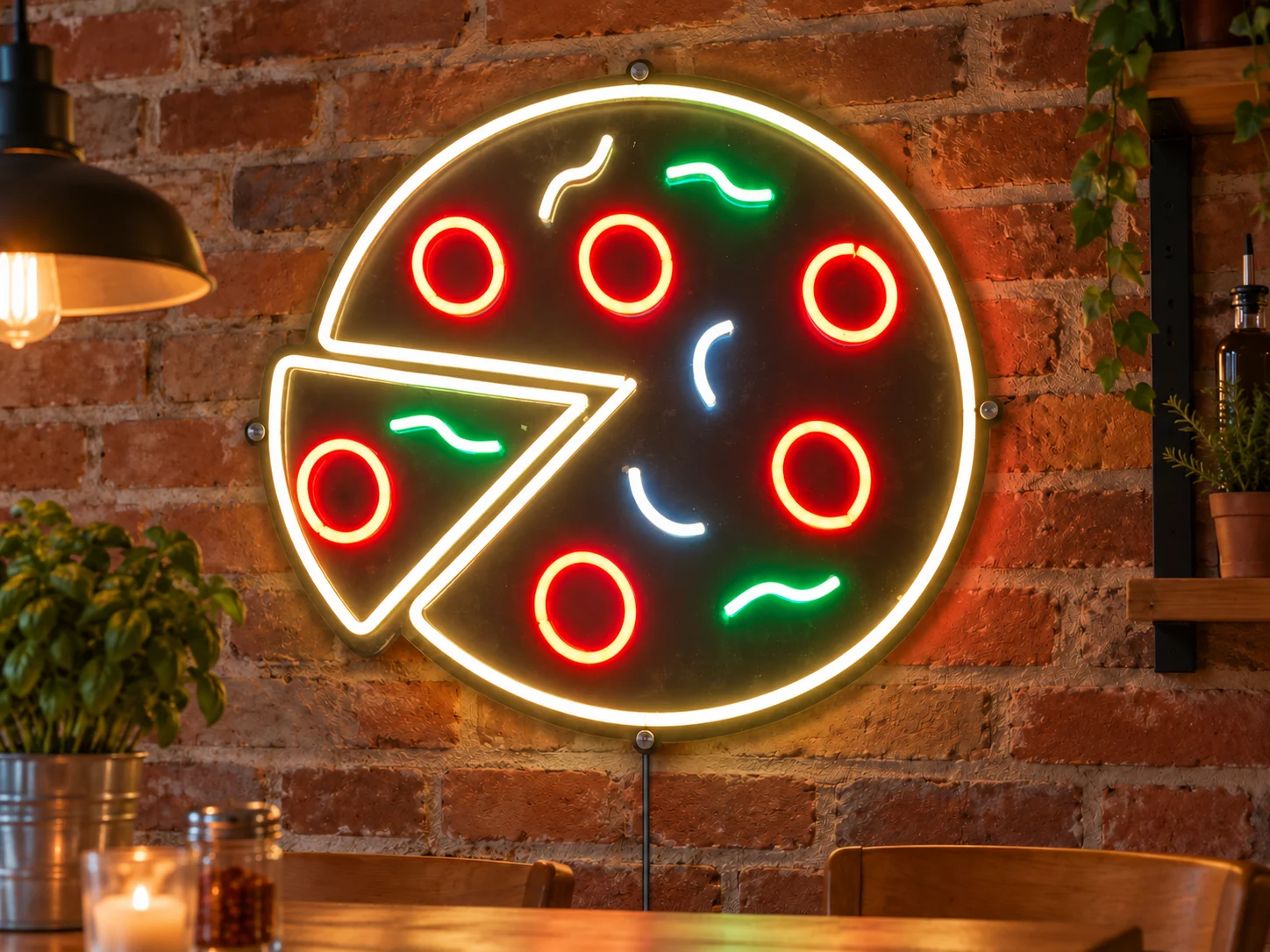 Lion Sign – Rundes LED-Neonschild in Pizzaform mit detailreichem Belag.