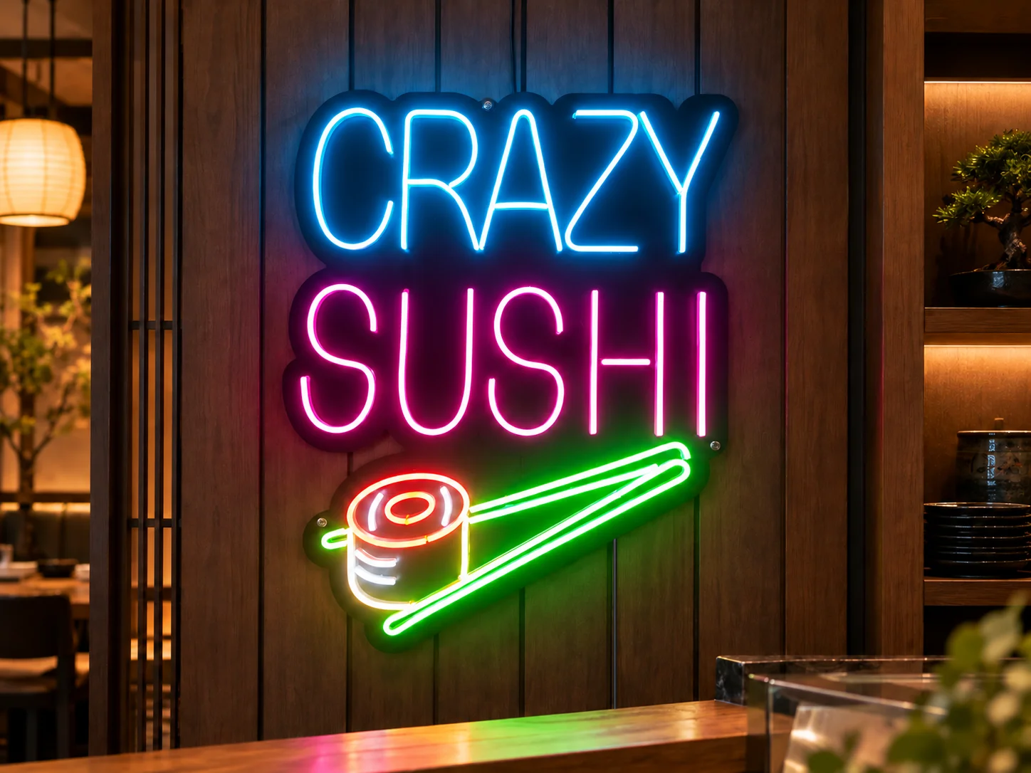Lion Sign – Individuelles mehrfarbiges LED-Neonschild für Sushi-Gastronomie mit beleuchtetem Essstäbchenmotiv.