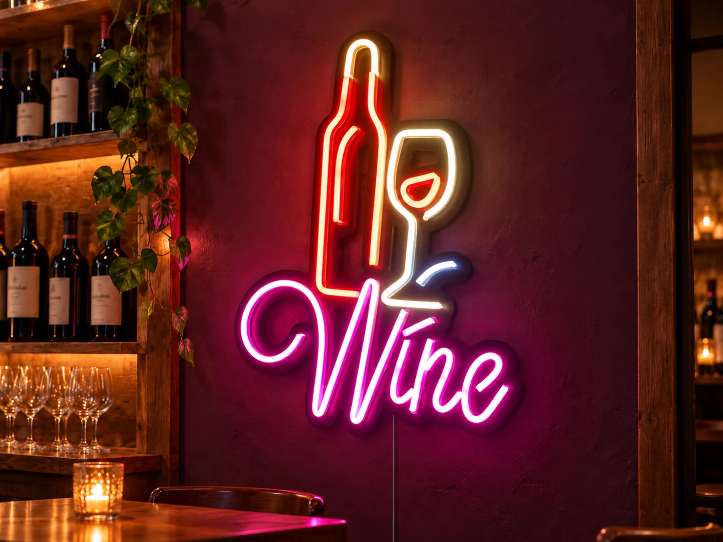 Lion Sign – Dekoratives LED-Neonschild mit Weinflasche und Glas für Bars und Gastronomie.