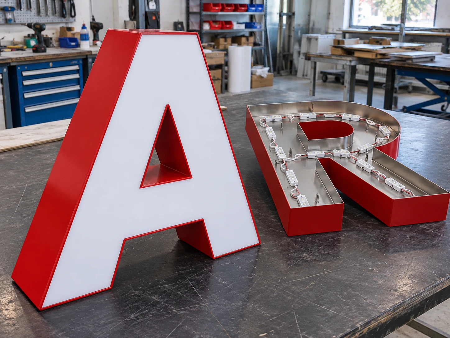 Lion Sign – Beleuchtete Acryl-Profilbuchstaben mit roten Metallzargen und innenliegenden LED-Modulen.