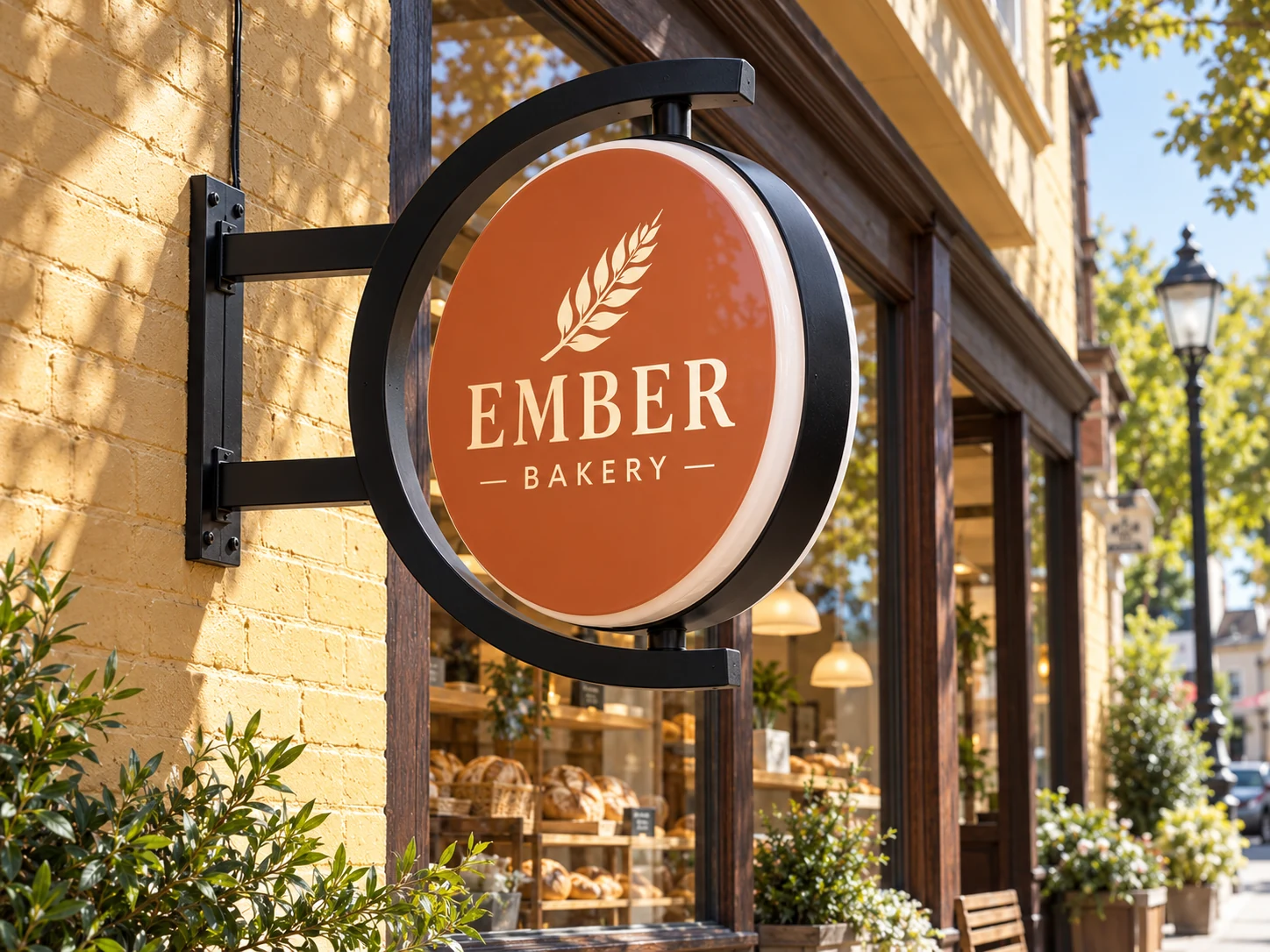 Lion Sign – Rundes doppelseitiges drehbares Schild für Bäckerei mit C-Rahmen und oberer/unterer Drehachse.