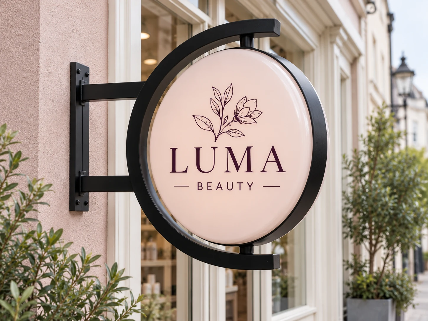 Lion Sign – Rundes doppelseitiges drehbares Schild für Kosmetikstudio mit C-Rahmen und oberer/unterer Drehachse.