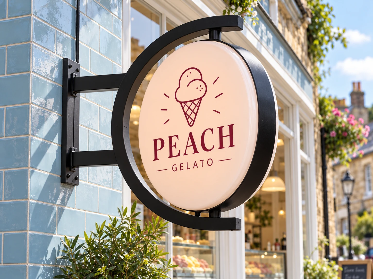 Lion Sign – Rundes doppelseitiges drehbares Schild für Eiscafé mit C-Rahmen und oberer/unterer Drehachse.
