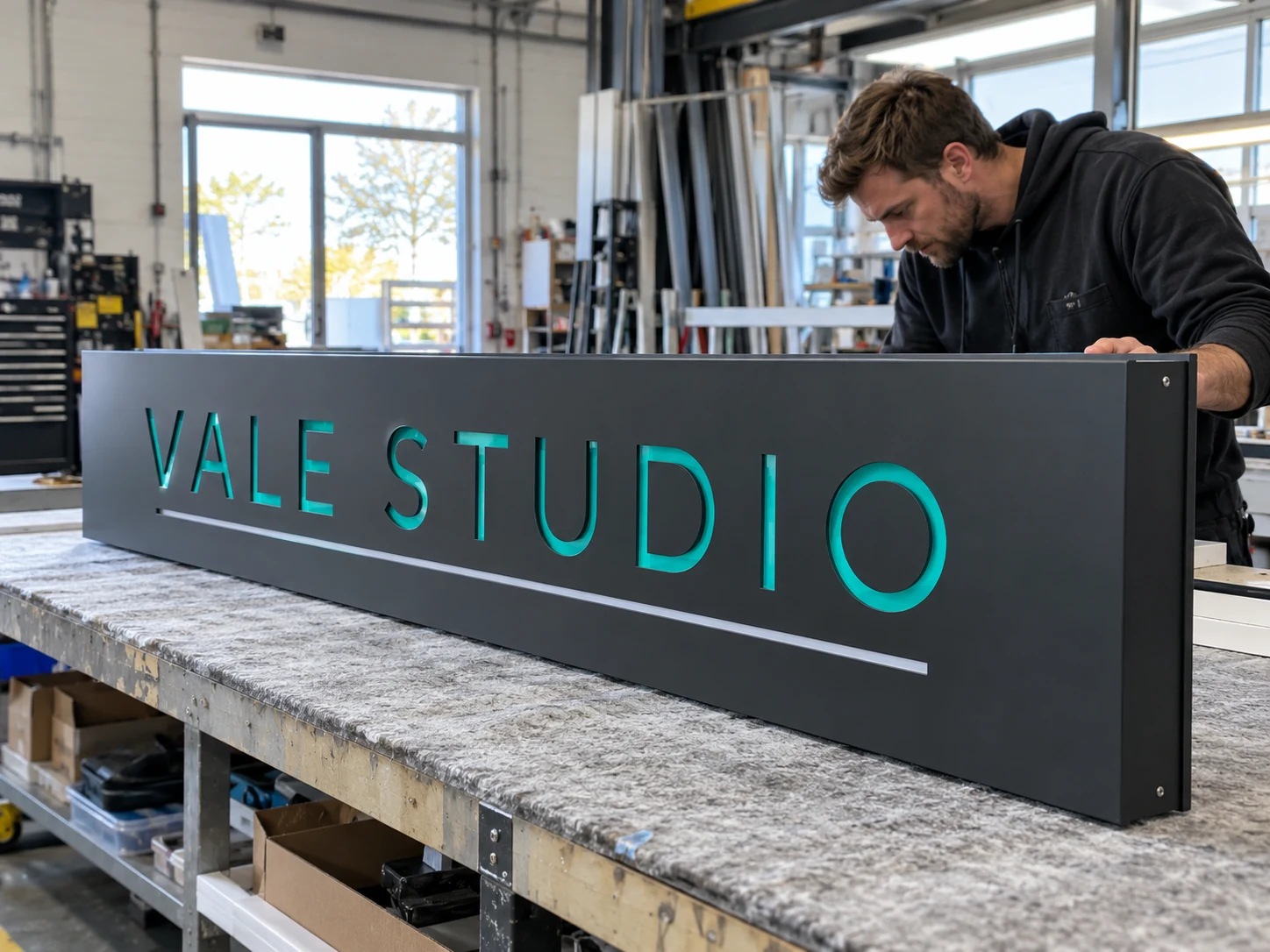 Lion Sign – CNC-gefrästes Studio-Schild aus anthrazitfarbenem Verbundmaterial mit türkisfarbenen Acryl-Einlegebuchstaben.