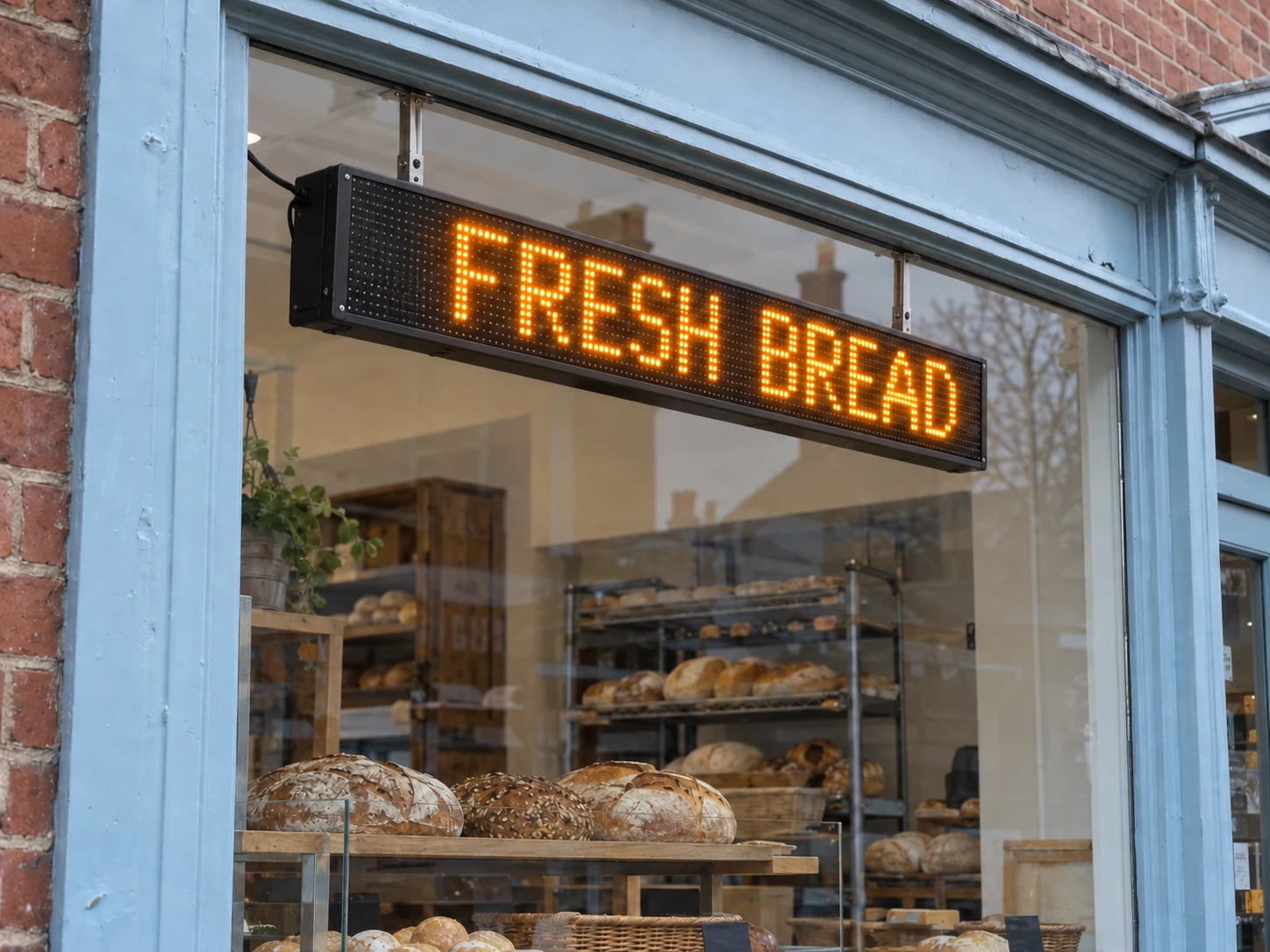 Lion Sign – Bernsteinfarbene LED-Laufschrift für Bäckereiangebote und Ladenmeldungen.
